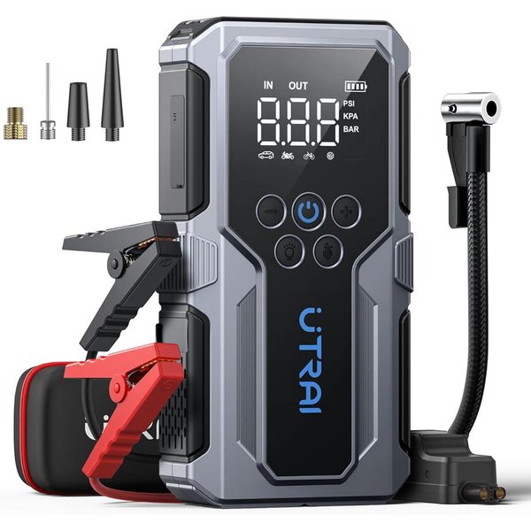 UTRAI 1500A Starthilfe Powerbank fürs Auto 15000 mAh, 18W Schnellladung Starthilfegerät, 150 PSI-Reifenfüller, 4-in-1 Powerbank mit 3 Leuchtmodi