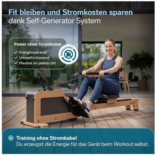 Skandika Rudergerät für Zuhause Torin P6-G, Rahmen aus Echtholz, Aufstellfunktion (mit Eigenantrieb, Magnetbremse 32 Stufen, Transportrollen, bis 150 kg), Bluet