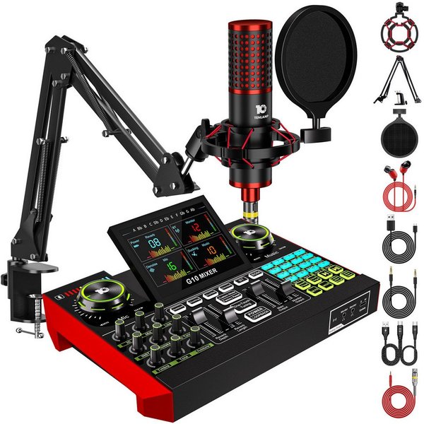 home trends Tenlamp G10 Zehn Lampen Podcast- & Streaming-Set mit Mixer Soundkarte 7.1 Surround, USB-Plug-and-Play, Display, Stimmwechsel, Aufnahme, Hall