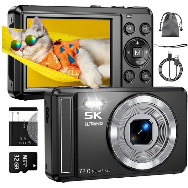 AIBISTAR Digitale Kinderkamera, 5K Kompaktkamera, 16x Zoom, mit 32GB, Kompaktkamera (72 Megapixel,2,8-Zoll-HD-Display,Tragbar – ideal für unterwegs)
