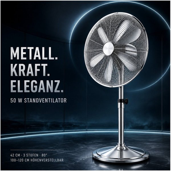 Ertex Standventilator EDELSTAHL 120cm Stand Ventilator 50W Höhe Turmventilator KRAFT