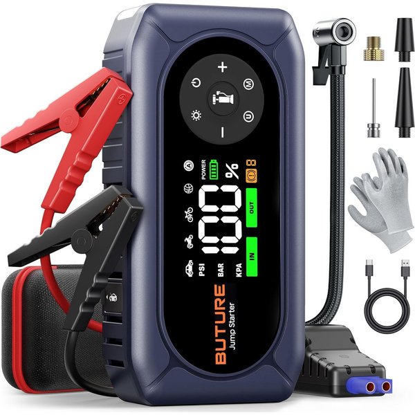 Buture 4500A Starthilfe Powerbank für Pkw mit Kompressor 150PSI, 16800mAh Starthilfegerät 16800 mAh (12 V), 4 Modi LED Licht und 3.3'' LCD Display