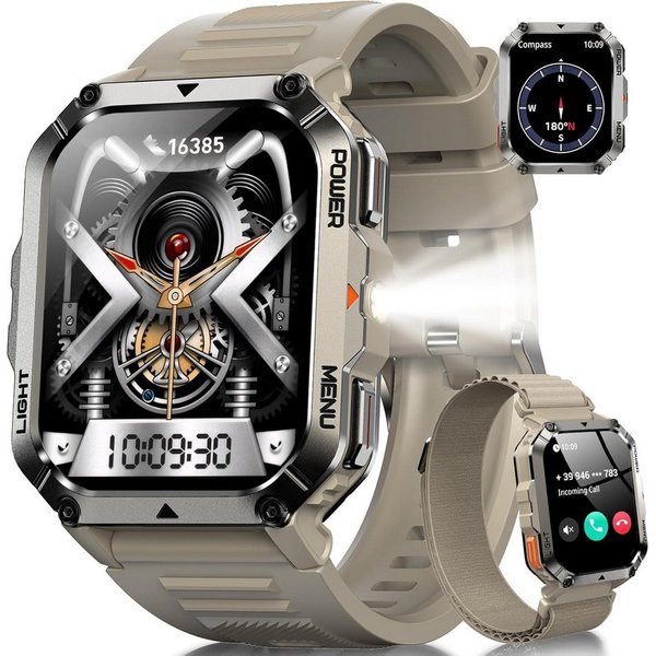 blackview Militär-Smartwatch Herren mit 900mAh Akku/LED-Taschenlampe/Kompass/SOS Smartwatch (2.01 Zoll, iOS/Android), 2-tlg., 3 x Riemen / 2 x Riemen und Ladeka