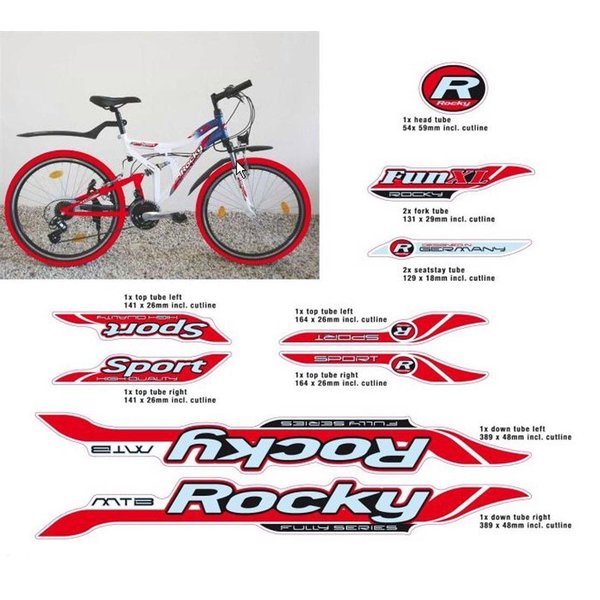 Non-Branded Fahrradrahmen Fahrrad DEKOR ROCKY MTB Rahmen Frame Decal Sticker weiß rot 11 teilig