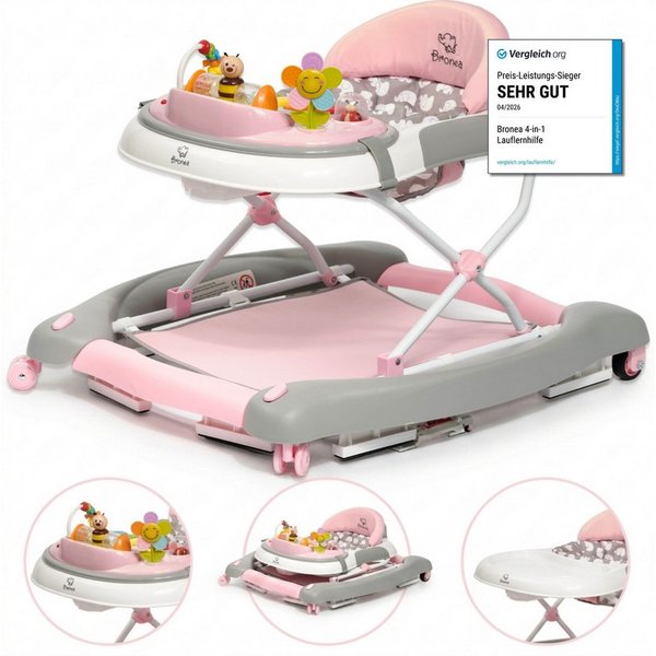 Bronea Lauflernhilfe 4-in-1 Lauflernwagen Gehfrei Baby Schaukel Lauflernhilfe Babywalker, Abnehmbares Spielpaneel - Wippfunktion - Leise gummierte Reifen
