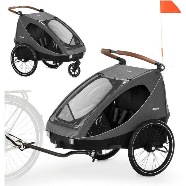 Hauck Fahrradkinderanhänger Dryk Duo - Melange Grey, 2in1 Fahrrad Anhänger für 2 Kinder Bike Trailer & Buggy inkl. Deichsel