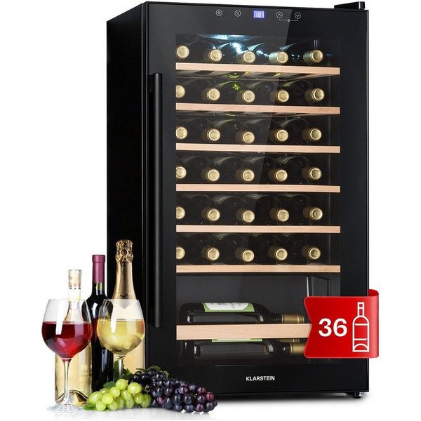 Klarstein Weinkühlschrank Barossa 32 Uno Weinkühlschrank 36 Fl 95L 5-18°C Touch LED 6 Holzregale, für 36 Standardflaschen á 0,75l,Flaschenkühlschrank Weintemper