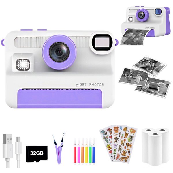 SWGOTA 1080P Kinderkamera Sofortbildkamera, 2,4 Zoll Digitalkamera Kinder Kinderkamera (30 MP, 8x opt. Zoom, 30MP Sofortbildkamera Kinder,3 Druckpapier,32GB Kar