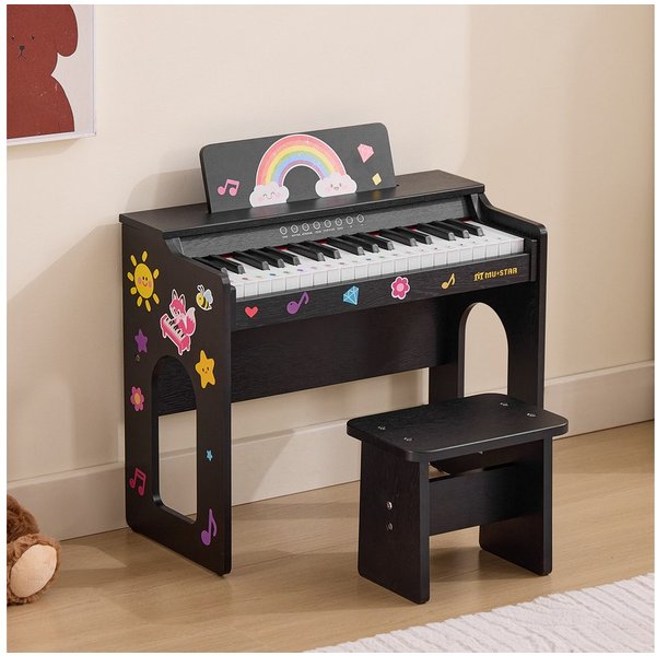 MUSTAR Klavier aus Holz mit Hocker, Notenbuch und Aufklebern, 37 Tasten (2-St., mit Piano Bench), 37 Tasten Kinderklavier, DIY Lernaufkleber & Tastaturaufkleber