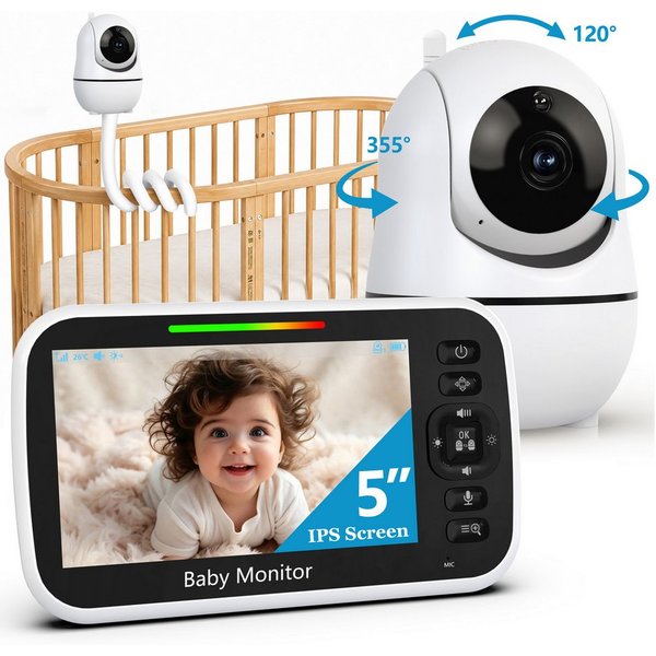 Whraills Babyphone Babyphone mit Kamera und Halterung, 2.4GHz FHSS, 6000mAh, Nachtsicht, Gegensprechfunktion, Schlaflieder, Schallerkennung, Datenschutz, 5" Mon