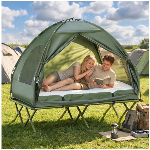 Outsunny Faltzelt Gästebett bis 160 kg Extra Breit Klappbett Campingliege, Personen: 2 (Kuppelzelt, 1 tlg., Campingbett), für Garten, Balkon, Grün
