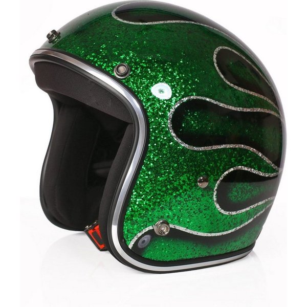 Alpha Speeds Motorradhelm ATELIER — Blaze Emerald Flame, Metal-Super-Flake• Fiberglas • Grün, nur ca. 800 g, inkl. herausnehmbare Wangenpolster, Slim & Smart Fi