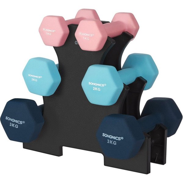SONGMICS Hantel-Set Kurzhanteln, 12kg, Hexagon, Neopren Hanteln, mit Hantelständer, 2 x 1 kg, 2 x 2 kg, 2 x 3 kg, aquamarin und