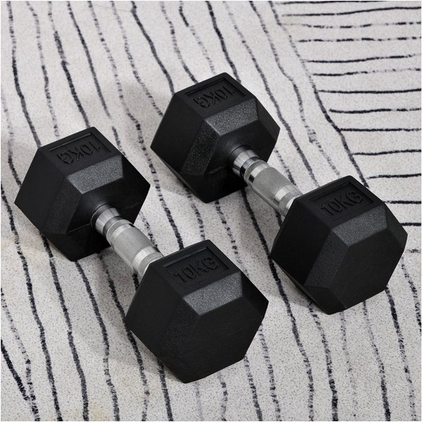 HOMCOM Hantel-Set Hexagon Hanteln, 2er Set Hanteln mit gerändeltem Griff, 2 x 10 kg, (Kurzhantel aus Gusseisen, Kurzhanteln für Männer und Fraue), für Zuhause, 