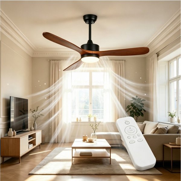 GarveeMore Deckenventilator mit LED Licht & Fernbedienung & 3 Flügel für Indoor, leise, Holzoptik, 132 cm, DC Motor, 6 Geschwindigkeiten, 3 Lichtfarben, dimmbar
