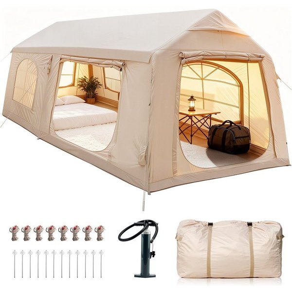 Meulbaty aufblasbares Zelt Camping Zelt Sufblasbar mit Kaminöffnung & Dachfenster Vordach, Personen: 10 (1 tlg), 10-12per XXL, ohne Markise