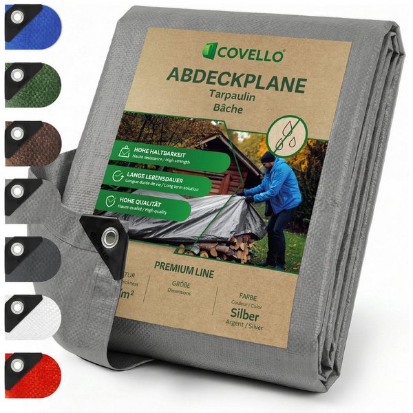 Covello Schutzplane 140g/m² silber, Abdeckplane mit Ösen wasserdicht, Plane UV-stabilisiert in vielen verschiedenen Farben & Größen