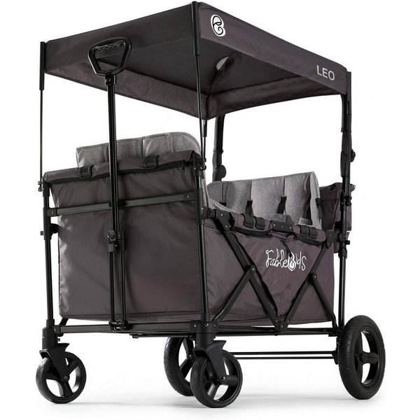 FableKids Bollerwagen LEO X4Plus – Faltbarer Transportwagen mit Dach 5-Punkt-Gurt (Fossil Grau), Hecktasche, Abdeckhaube