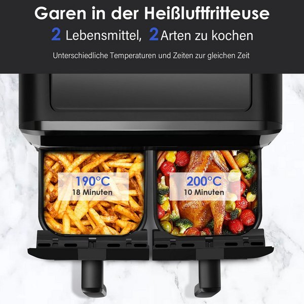 oyajia Heißluftfritteuse Heißluftfritteuse 2 Kammern, 10L Airfryer Doppelkammer Einkammer Verstellbar, 2600W 8 in 1 Heissluftfritteuse Doppelkammer Temperatur S