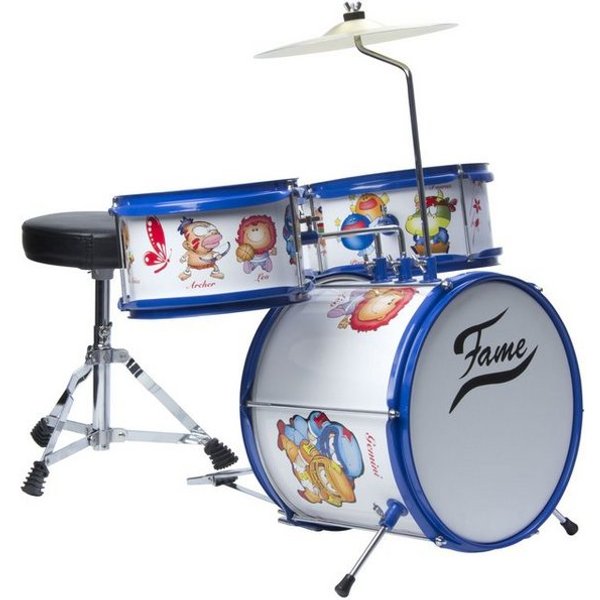 FAME Schlagzeug,Kiddyset 3 PC Junior Drumset Mischholz Schlagzeug Set Kinder ab 3 Jahren 12" BassDrum 8" TomTom 10" SnareDrum inkl. Becken Fußmaschine Hocker St