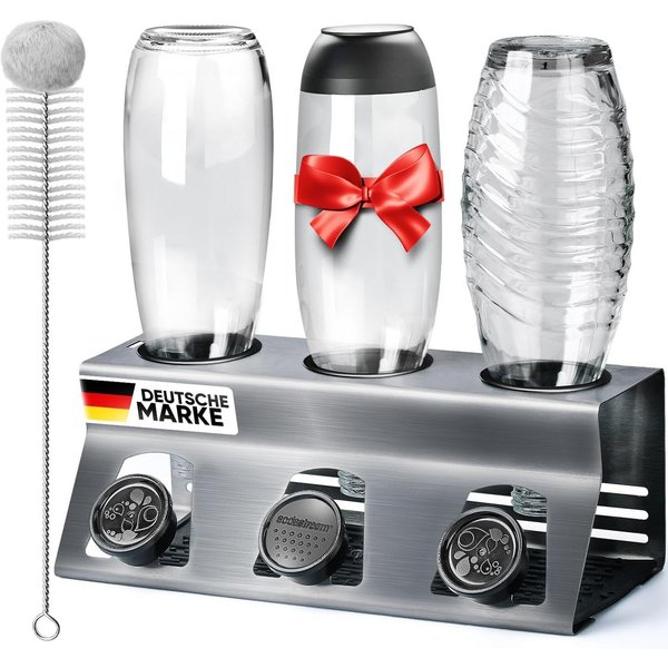 Loco Bird Flaschenhalter für SodaStream aus Edelstahl mit Kantenschutz, (Für, 3-St., Flaschen mit Flaschenbürste und Abtropfmatte), für Soda Stream Crystal, Eas