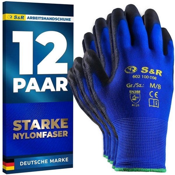 S&R Arbeitshandschuhe 12 Paar aus Nylonfaser mit Polyurethanbeschichtung (Set, 24-St., 12 Paar XL / 10) geeignet für den privaten und gewerblichen Gebrauch