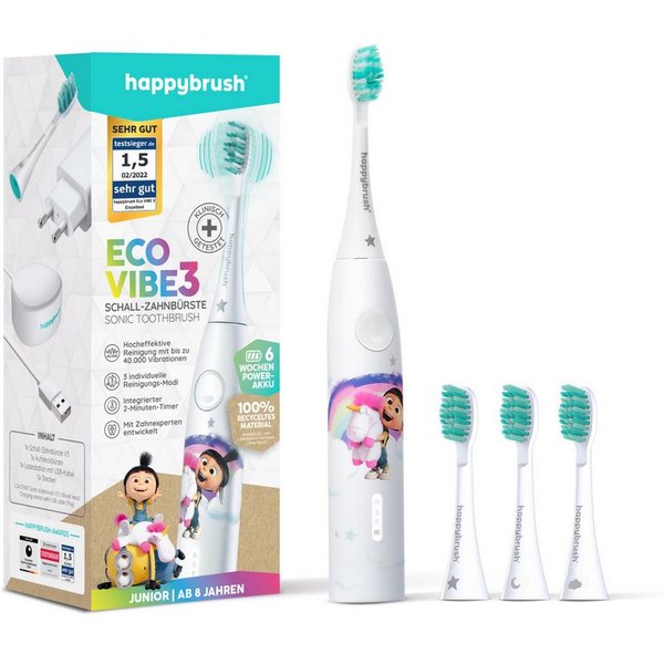 happybrush Elektrische Kinderzahnbürste Eco Vibe 3 Agnes - 100 Tage Probeputzen - 8 Wochen Power Akku, Aufsteckbürsten: 4 St., Eco Vibe 3, 3 individuelle Putz-M