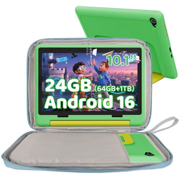 BUFO 10 Zoll 24(3+21)GB RAM+64GB ROM 1280x800 HD-Display Android16 Kinder Tablet (10,1", 64 GB, Android 16, WIFI, Anti-Blaulicht, Vorinstallierte Kinder Lernsof