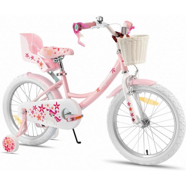 JOYSTAR Kinderfahrrad 12 14 16 18 Zoll Mädchenfahrrad, 2-9 Jahre, Geschenk für Prinzessin, 1 Gang, Puppenradsitz & Stützrädern& Korbstreamer, 18 Zoll mit Stützr