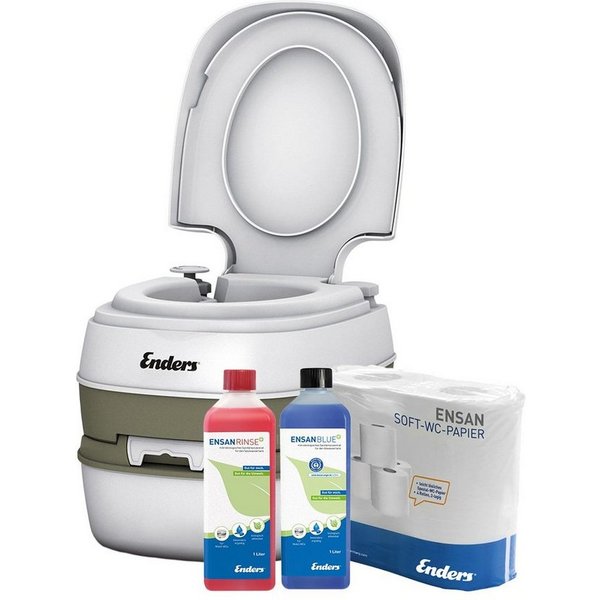 Enders® Campingtoilette SET Comfort small+: Comfort + Rinse+ 1L + Blue+ 1L + WC-Papier, (Spar-Set, 1L Rinse+ + 1L Blue+ + 4 Rollen selbstauflösendes Toilettenpa