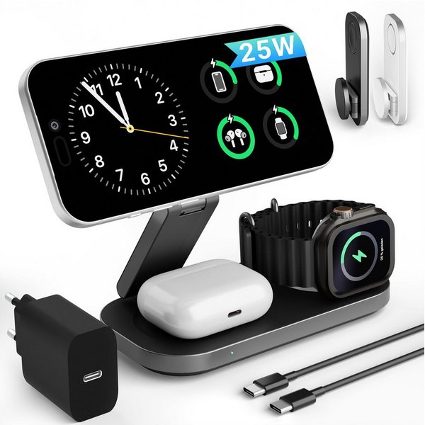 GreenHec Ladestation 25w Apple Watch iPhone 18 17 3in1 MagSafe Wireless Charger Wireless Charger (3000 mA, Spar-Set, 3in1 PowerBase + USB-C Kabel + 35w Ladegerä