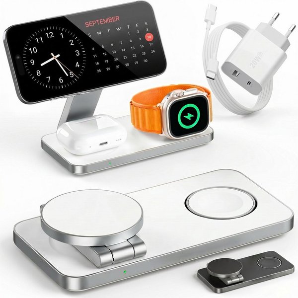 GreenHec Ladestation Apple Watch iPhone 3in1 MagSafe Ladegerät Wireless Charger Wireless Charger (3000 mA, Spar-Set, 3in1 PowerBase + USB-C Kabel + 20w Dual Cha
