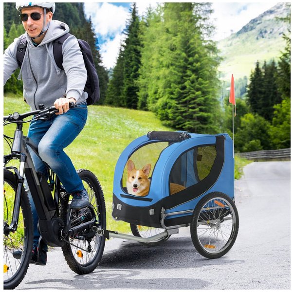 PawHut Fahrradhundeanhänger mit Universalkupplung, Hundeanhänger, Fahrrad, klappbar Fahne, für Garten, Balkon, Blau+Schwarz