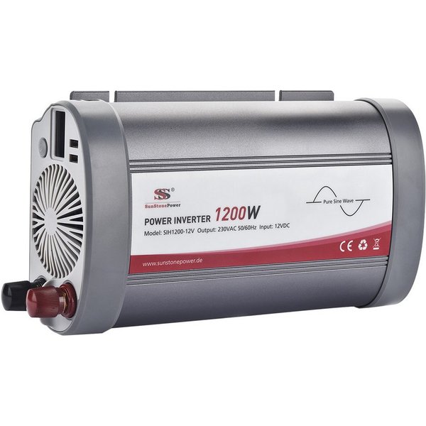 Sunstone Power Spannungswandler 1200W Reiner Sinus Wechselrichter (2400W Surge) DC 12V auf AC 230V, 2 230-V-AC-Ausgänge, 2 USB-Anschlüsse, 1 LCD-Display