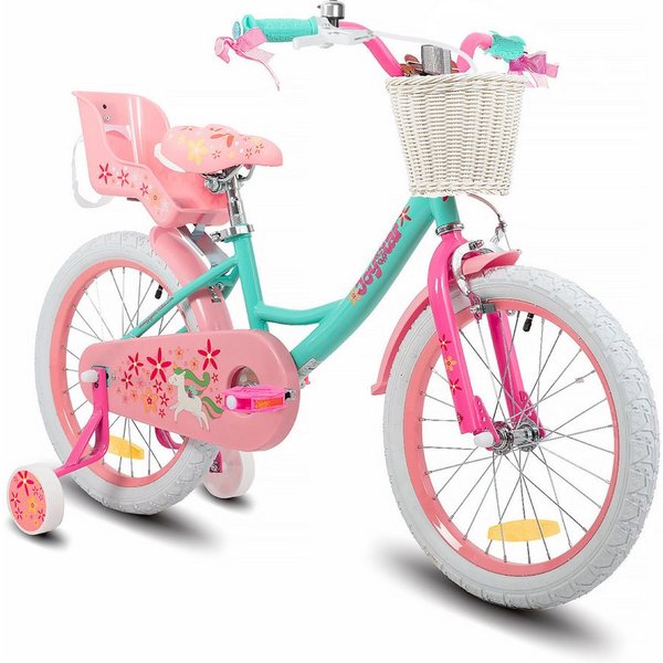 JOYSTAR Kinderfahrrad 12 14 16 18 Zoll Mädchenfahrrad, 2-9 Jahre, Geschenk für Prinzessin, 1 Gang, Puppenradsitz & Stützrädern& Korbstreamer, 18 Zoll mit Stützr