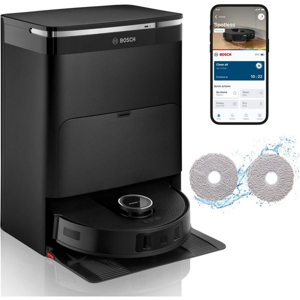 BOSCH Saugroboter Spotless Max BCRDW3B mit Wischfunktion, rotierende Wischpads, 60 W, mit Beutel, Datensicherheit, 11.000 Pa Saugkraft, Absaugstation, Carbon Bü