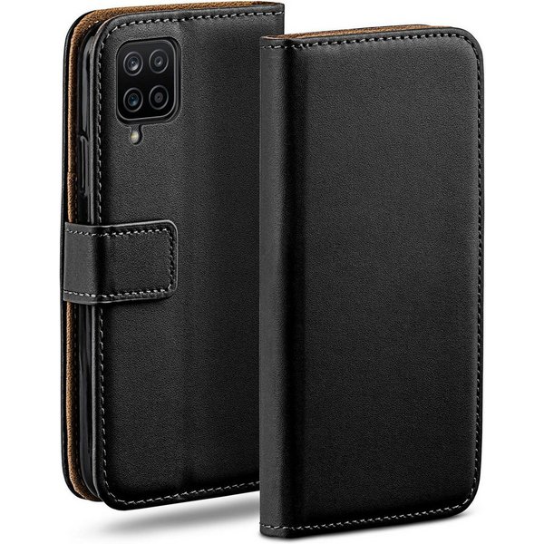 moex Handyhülle für Samsung Galaxy A12 Hülle Klappbar Book Case Schwarz 6,5 Zoll, Klapphülle Kartenfach Flip Cover Handytasche Leder Optik Schutzhülle