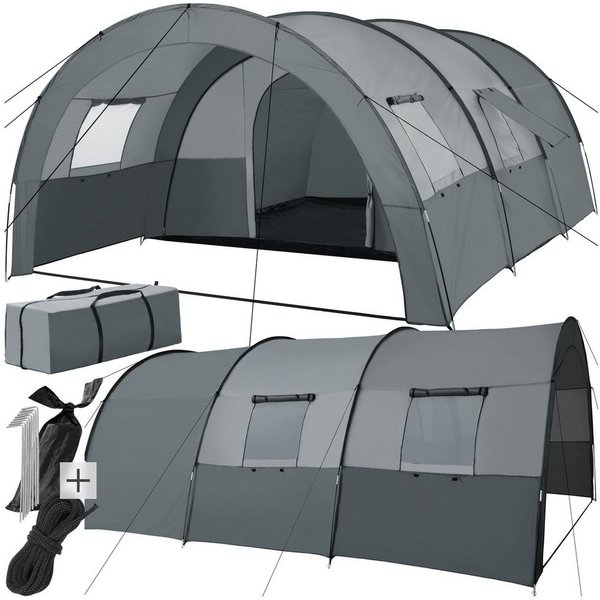 tectake Tunnelzelt Campingzelt Roskilde für 6 Personen, Personen: 6 (inklusive Spannseile, Heringe und Tragetasche, 350 x 480 x 195 cm), mit Vorzelt und Bodenpl