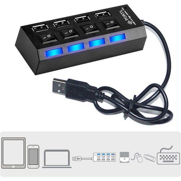 Bolwins C18C USB Hub 4 Port mit LED EIN- / Ausschalter Extender für PC Laptop USB-Adapter USB-A Stecker zu USB Typ A, 40 cm, Ein-/Ausschalter pro Port LED-Statu
