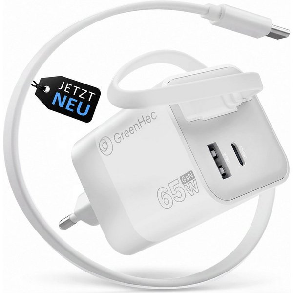 GreenHec 65w USB-C Ladegerät - Ausziehbares Kabel, GaN Schnell Charger Schnelllade-Gerät (50 mA, Spar-Set, Universelle Kompatibilität, Netzteil, 3 Port Stecker,