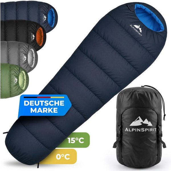 AlpinSpirit Mumienschlafsack [Ultraleicht] 3 Jahreszeiten Sommer & Winter, Packmaß, 210x75 cm (Festival, Trekking, Outdoor, Camping), 2 Wege Reißverschluss, 3 J