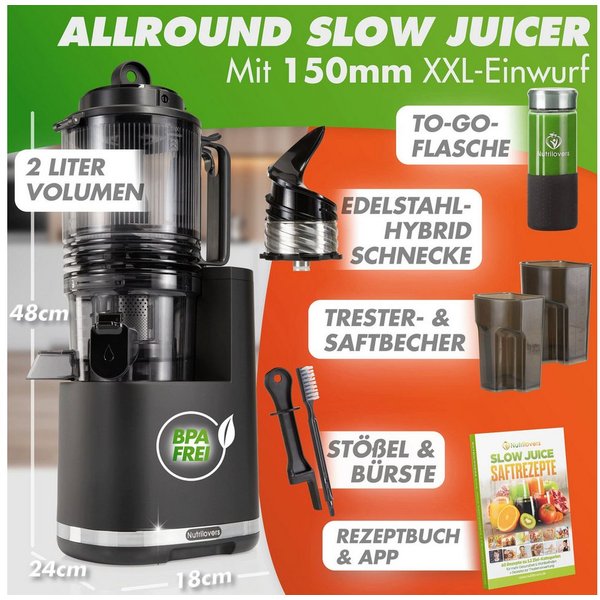 Nutrilovers Slow Juicer NUTRI-PRESS MAX+ Slow Juice Entsafter - Ganze Früchte entsaften, 250 W, XXL-Einfüllöffnung für ganze Früchte ohne Vorschneiden