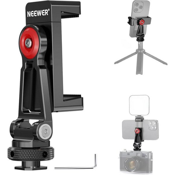 Neewer Handy-Halterung PA001 Metall Stativhalterung mit Zubehörschuh, Freie Winkelanpassung, (bis 3,4 Zoll, Packung, Farbe:schwarz, Grundfarbe:schwarz, Handyhal