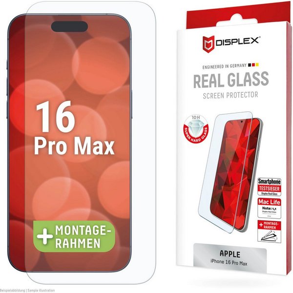 Displex Displayschutzglas Real Glass Screen Protection für Apple iPhone 16 Pro Max, Displayschutzfolie, Schutzfolie, Bildschirmschutz, kratz- & stoßfest