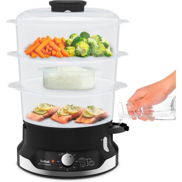 Tefal Dampfgarer Ultracompact, 800 W, 3 Aufsätze, 60-Minuten-Timer, 9-L-Kapazität, Reis-Einsatz, VC2048