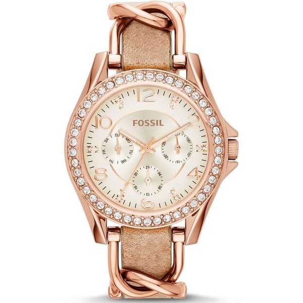 Fossil Multifunktionsuhr RILEY ES3466, Quarzuhr, Armbanduhr, Damenuhr, Datum, Glassteine, Lederarmband