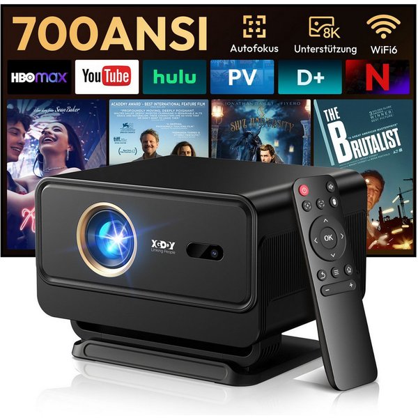 XGODY Smart Beamer Android 14 mit Apps, 1080P Projektor 4K Unterstützt Mini-Beamer (700 lm, 1500:1, 3840 x 2160 px, 700 ANSI Lumen, Beamer 4K Heimkino mit Autof