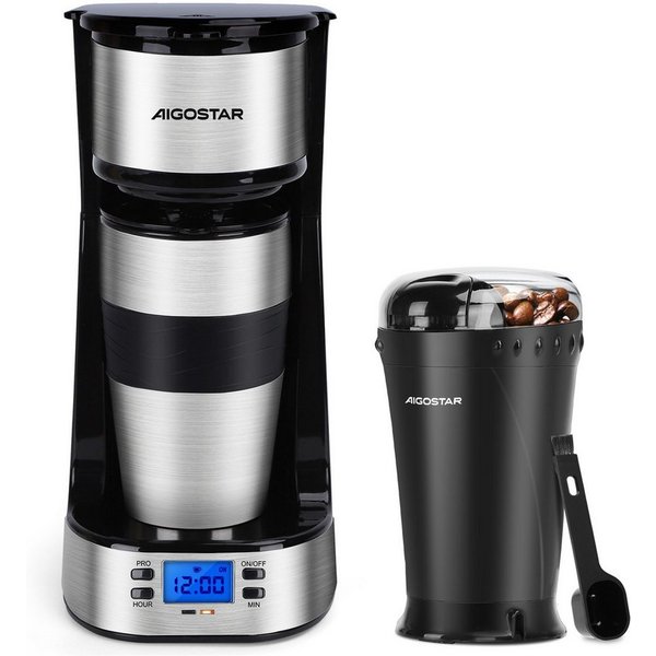 Aigostar Kaffeemaschine mit Mahlwerk, Korbfilter, Kaffeemaschine mit Thermobecher, 24h-Timer, AutoClean-Funktion