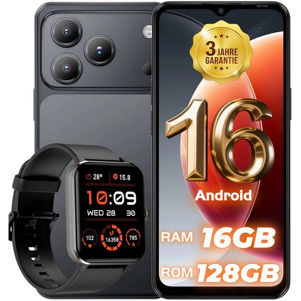 blackview WAVE 6.56 Zoll 128GB Handy incl. R50-Uhr Android 16 Smartphone (6,56 Zoll, 128 GB Speicherplatz, 32 MP Kamera, 5000mAh Simlockfreie Handy, 32MP+13MP K