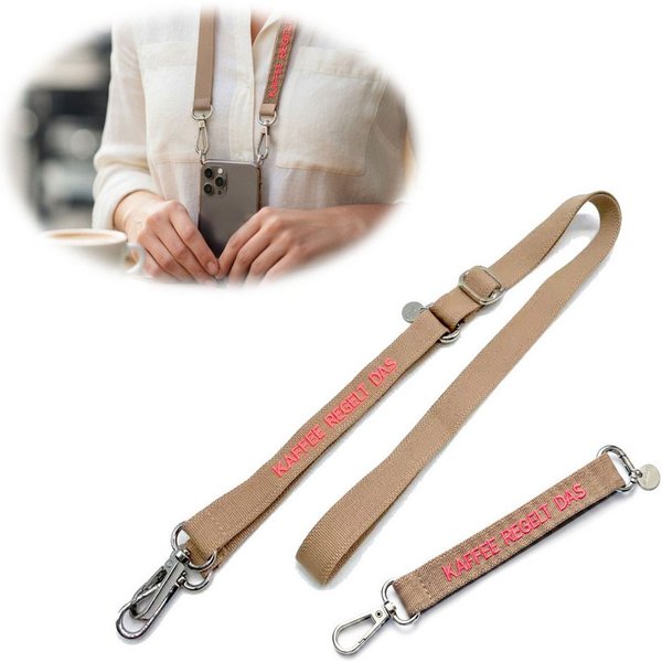 LS-LebenStil Handykette Crossbody Handyband mit Spruch Kaffee regelt Taupe Pink 2 Karabiner Lanyard mit Universal Pad, ideal aus als Schlüsselanhänger Schlüssel